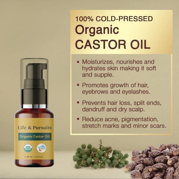 Organic Castor Oil (30 ml) for Eyebrows and Eyelashes, USDA Certified, 100% Cold-pressed | Life & Pursuits Castor Oil for Hair Growth with 2 set of Eyebrows & Eyelashes Brushes - Image 2