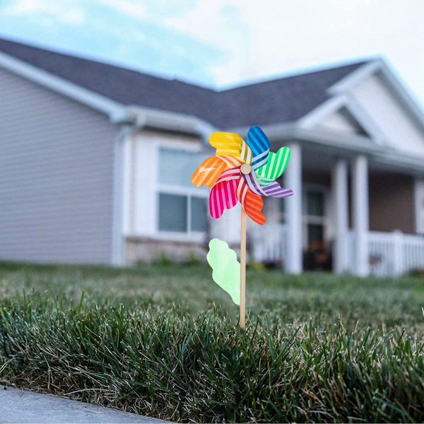 jojofuny Rainbow Flower Pinwheel 6pcs Colorful Garden Wind Spinners Kids Colorful Wind Wheels Toys Wood Stake Lawn Pinwheels Decorations Outdoor Yard Stakes - Image 7