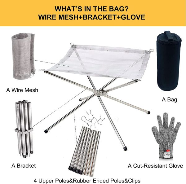 Outdoor Fire Pit, 22inch Collapsing Stainless Steel Mesh with Cut Resistant Gloves and Carrying Bag for Camping, Firepit for Garden Fireplace, Portable Fire Pit - Image 8