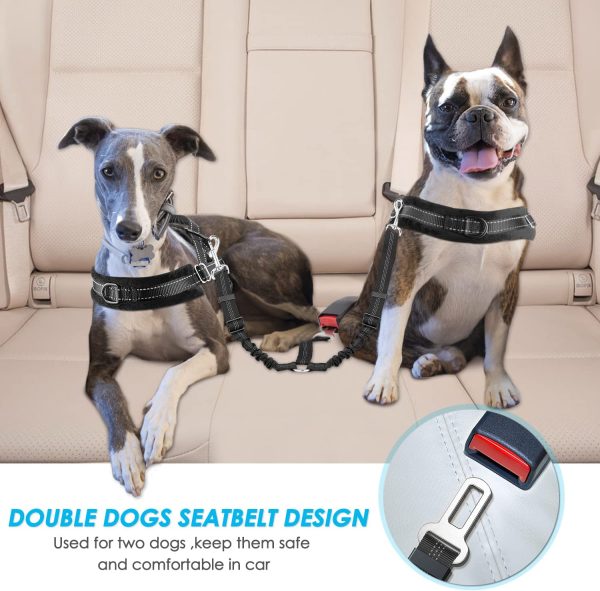 SlowTon Double Dog Seatbelt, Dual Pet Car Seat Belt Adjustable Double Dog Coupler Lead with Elastic Bungee and Reflective Stripe No Tangle Safety Belt Splitter in Vehicle for Two Pets Trip Travel (Black) - Image 2