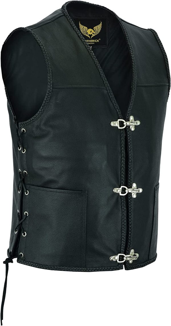 Leatherick Black Braided Fish hook Buckle real leather Motorcycle vest with adjustable side laces Black