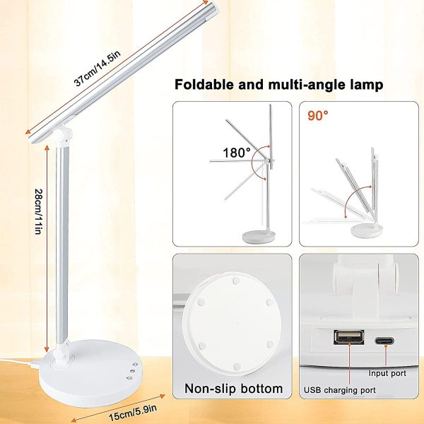 LED Desk Lamp Eye-Caring Table Lamp with USB Charging Port,  Dimmable Reading Light for Home Office, Touch Control Lamp - 5 Color Modes & 5 Brightness Levels, 45 Mins Auto Timer - Image 3