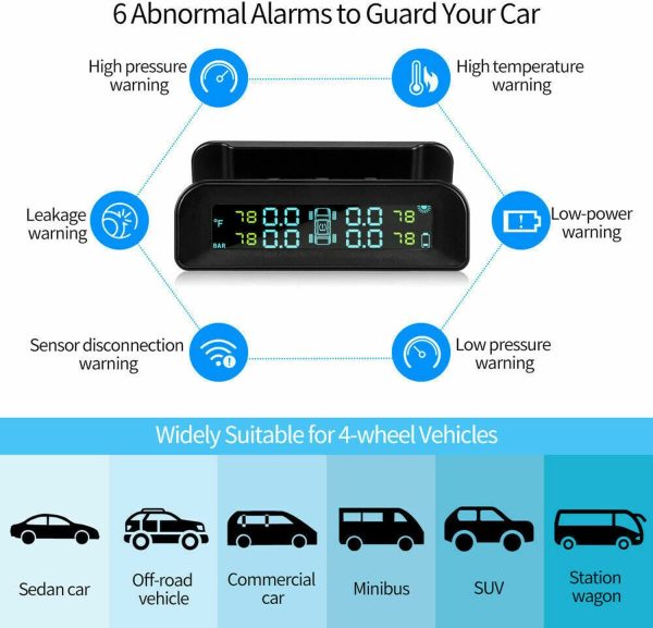 Solar Wireless Car TPMS Tyre Pressure Monitoring System + 4 External Sensor with Temperature and Pressure LCD Display Auto Alarm Real-Time - Image 6