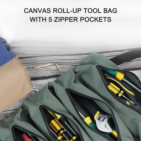 Canvas Roll-up Tool Bag, Multi-Purpose Tool Roll Pouch Tool Organizer with 5 Zipper Pockets Carrier Bag for Car Motorcycle Storaging Wrenches, Sockets, Screwdrivers - Image 2