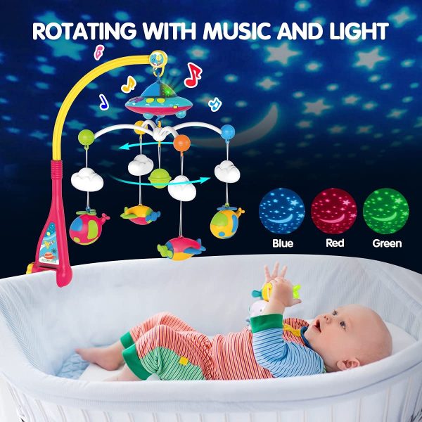 REMOKING Musical Cot Mobiles,Crib Toy Baby Toys 0-6-9-12 Months,Moon & Stars Projection & Airplane Rattles for Infant,Remote Control Music Box W/ 108 Melodies,Sensory Toy Newborn Baby Girl Boy