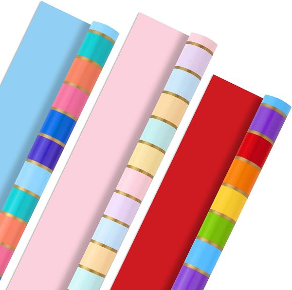 Reversible Rainbow Wrapping Paper (3 Rolls: 75 sq. ft. TTL) Pastel, Jewel Tone, Classic Stripes, Solid Pink, Blue, Red for Easter, Birthdays, Weddings, Bridal Showers, Baby, Back to School - Image 5