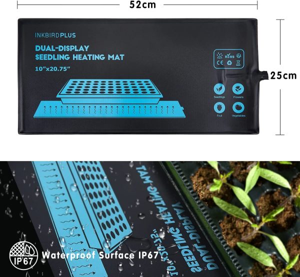 INKBIRDPLUS Seedling Heat Mat Heating Pad 30W Waterproof with Thermostat Control for Plant Germination Hydroponics Indoor Seed Starting Digital Thermostat Control Monitor Indoor Thermometer 52x25cm