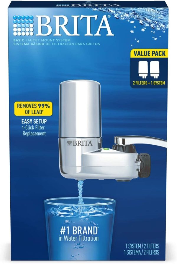 Tap Water Filter System, Water Faucet Filtration System with Filter Change Reminder, Reduces Lead, BPA Free, Fits Standard Faucets Only - Basic, Chrome