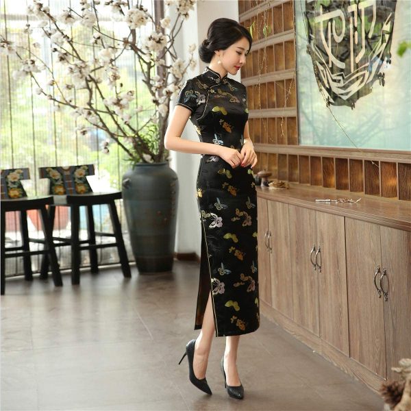 Shanghai Story Chinese Dress Long Cheongsam Satin Butterfly Qipao for Woman