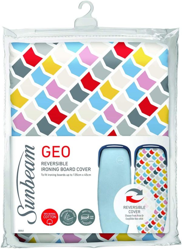 Sunbeam Ironing Board Cover | Reversible EasyGlide & Geo Print | 10mm Felt Padding | 100% Cotton | Machine Washable | Perfect Fit Up to 135cm x 45cm