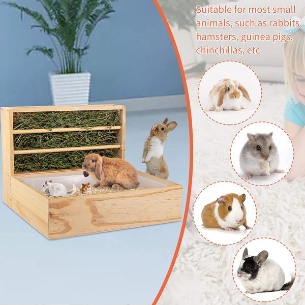 Rabbit Hay Feeder with Litter Pan, 2-in-1 Wooden Bunny Feeding Manger Grass Food Holder Rack with Plastic Litter Box Toilet for Rabbit Hamster Guinea Pig Small Pets Animals Reduces Waste Hay - Image 7