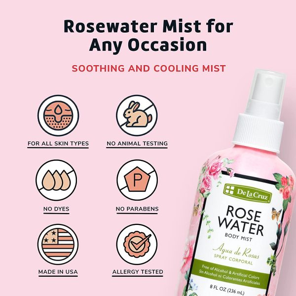 De La Cruz Rose Water Spray, No Parabens or Artificial Colors, Vegan, Made in USA 8 FL. OZ. (1 Bottle) - Image 7