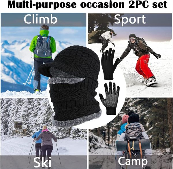 T WILKER 2Pcs Winter Knit Beanie Balaclava Hat Anti-Slip Touch Screen Mittens Set Thermal Ski Mask Cap Unisex for Womens Mens - Image 4