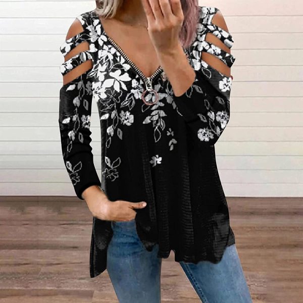 Tophoopp Sweatshirts for Women,Womens Zipper V Neck Floral Print Long Sleeve Pullover Sweatshirts Loose Fit Shirts Blouse Top - Image 3