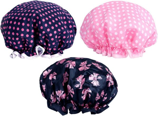 KissDate 3 Packs Double layer Shower Cap Waterproof Elastic Bath Cap for Women Shower Spa Salon - Image 4