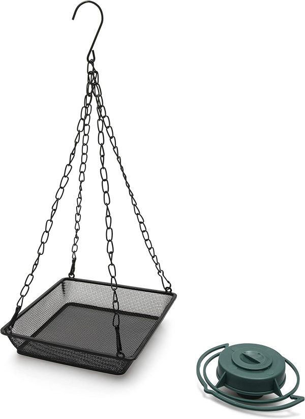 Ivymore Square Hanging Bird Feeder with 4 Chains and Hook - Heavy Duty Lightweight Black Coated Metal Wire Mesh Tray Dish for Wild Bird Seed Feeding - Complete with Plastic Soda Bottle Feeder