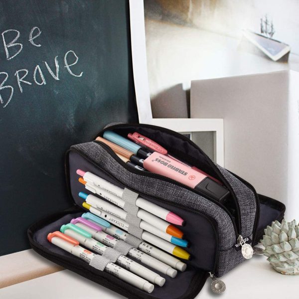 Large Pencil Case Big Capacity 3 Compartments Canvas Pencil Pouch for Teen Boys Girls School Students (Black) - Image 7