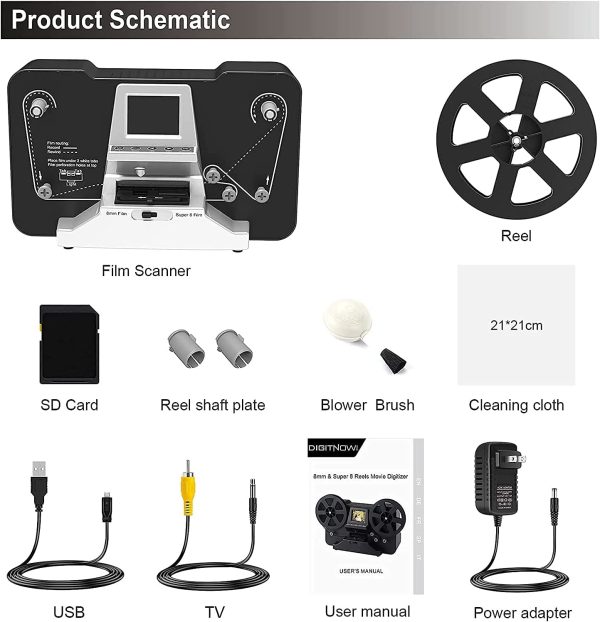 Super 8 Roll Film & Regular 8 Roll Film Reels Scanner(5"&3") Digital Vido Scanner and Movie Digitizer for 8mm/S8 mm Film with 2.4" LCD, Black (Film2Digital MovieMaker) with 32 GB SD Card - Image 4