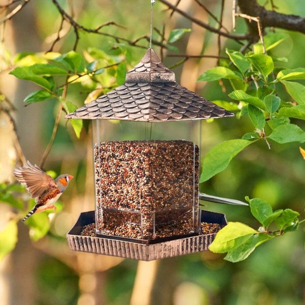 Hexagon Gazebo Bird Feeders Heavy Duty Squirrel Proof Seed Stations Plastic Hanging Wild Bird Food Container Bird Feeder with Waterproof for Outdoor Pet Supplies Garden Decoration (Gold) - Image 3