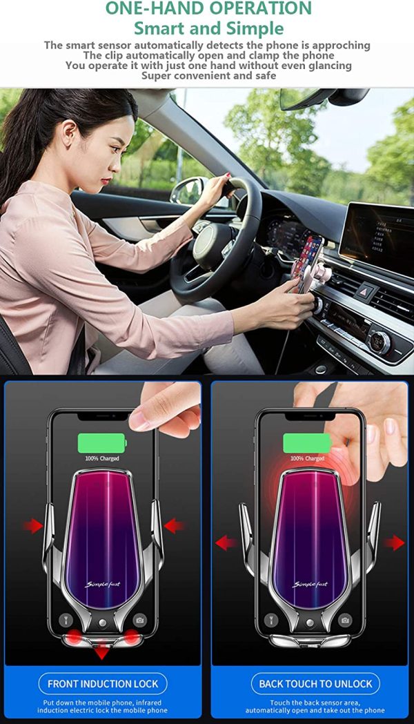 Upgraded Wireless Car Charger 10W Max Fast Charging Car Mount, Infrared Sensor Auto-Clamping Smart Car Phone Holder Compatible for iPhone 13/12/11/X/8/7 Plus, , Samsung Galaxy S20/S10/S9/S7 Edge/S8/S6, Google Pixel 2 XL, LG G6 and All Qi-Enabled Smartphone (Silver)