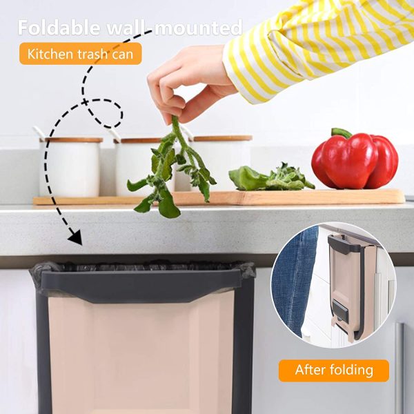 Kitchen Bin,Rubbish Bin Plastic Folding Wall Mounted for Cupboard Door Hanging Trash Can 8L (Beige) - Image 3