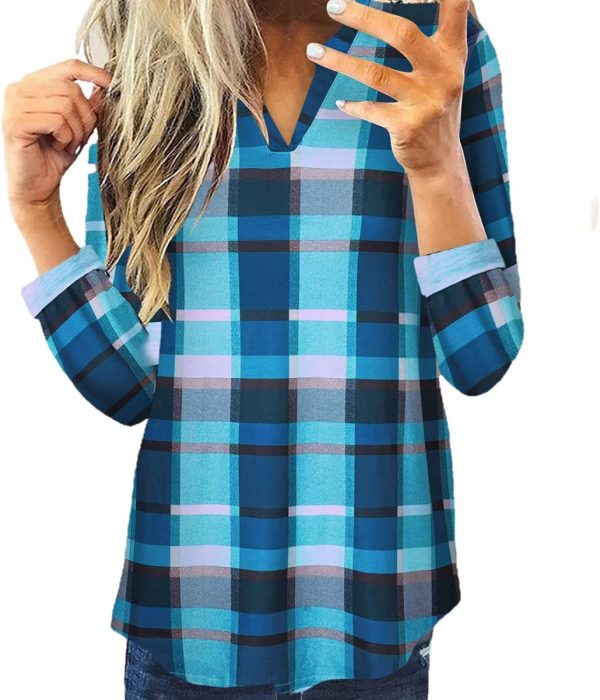 Tophoopp Tunic Tops for Women, Women's Classic-Fit Long Sleeve Tops V Neck Lightweight Plaid Shirt Casual Tops Blouses - Image 2