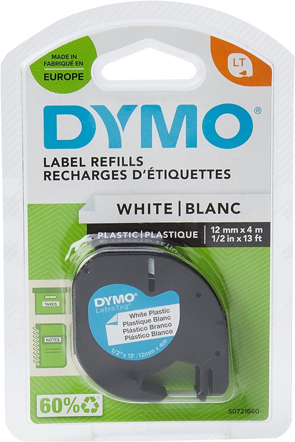 Dymo LetraTag Plastic Label Tape, 12 mm x 4 m Roll, White