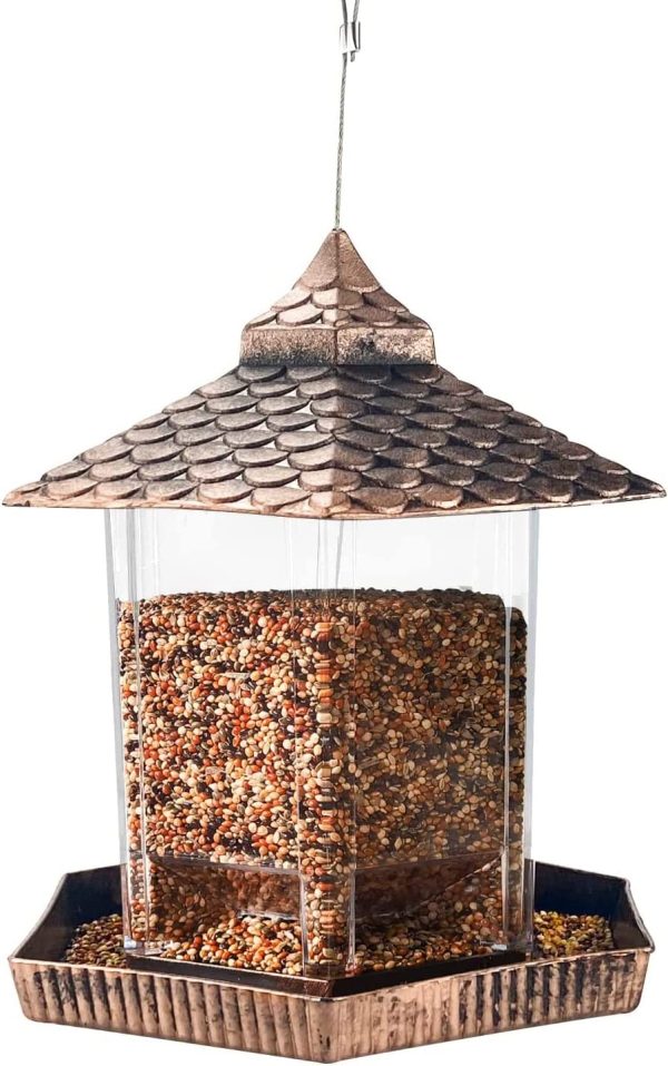 Hexagon Gazebo Bird Feeders Heavy Duty Squirrel Proof Seed Stations Plastic Hanging Wild Bird Food Container Bird Feeder with Waterproof for Outdoor Pet Supplies Garden Decoration (Gold)