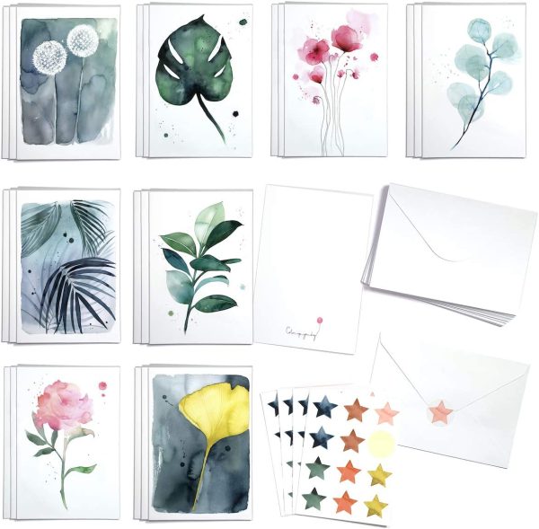 Cute Botanical Greeting Cards Box of 24 cards with Envelopes and Seal Stickers. Watercolour painted by . All Occasion Blank Thank you cards, Appreciation, Birthday, Sympathy