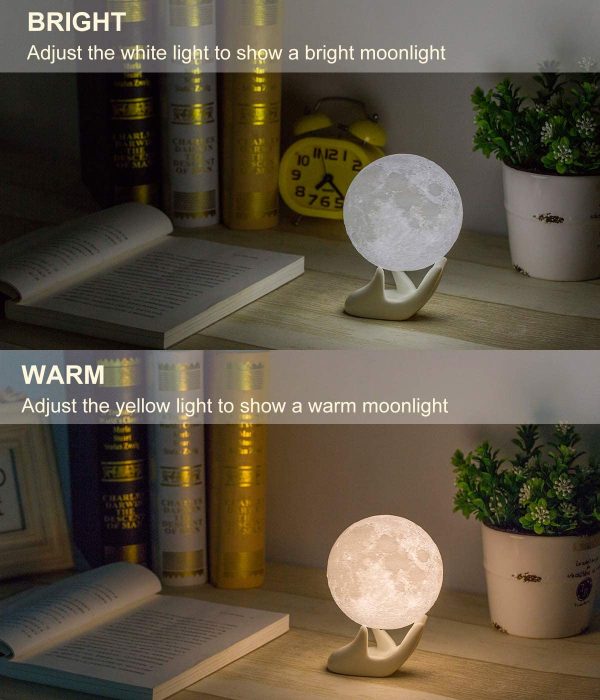 Mydethun Moon Lamp, 3.5 Inch - 3D Printed Lunar Lamp - Moon Light - Night Lights for Kids Room, Women, Home Decor, Gifting - Ceramic Hand Base - Touch Control Brightness - White & Yellow - Image 5