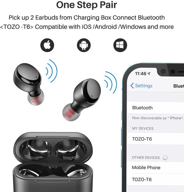 T6 True Wireless Earbuds Bluetooth Headphones Touch Control with Wireless Charging Case IPX8 Waterproof Stereo Earphones in-Ear Built-in Mic Headset Premium Deep Bass for Sport Black - Image 2