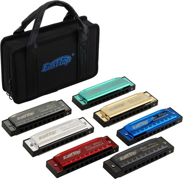 East top Harmonica Set,7-Pack 10 Holes 20 Tones Professional Blues Harmonica Set with 7 Colors Cover include 7 keys packed,A,B,C,D,E,F,G key - Image 2