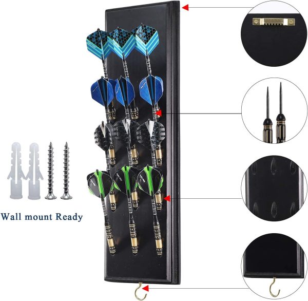 Darts Caddy Wall Mounted Darts Holder/Stand/with Metal Hook, Accessory Storage Bag, Displays 12 Set of Steel/Soft Tip Darts, Black - Image 6