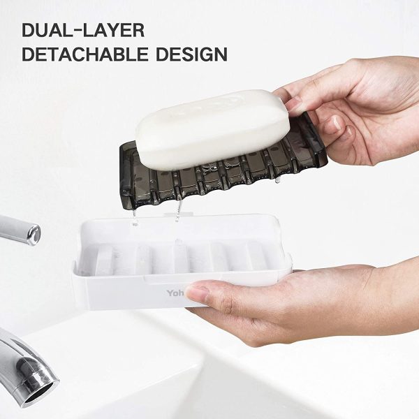 Soap Dish Adhesive Bathroom Bar Soap Holder with Self Draining Tray for Shower Soap Saver Lift Kitchen Sink Sponge Holder 2PCS - Image 3