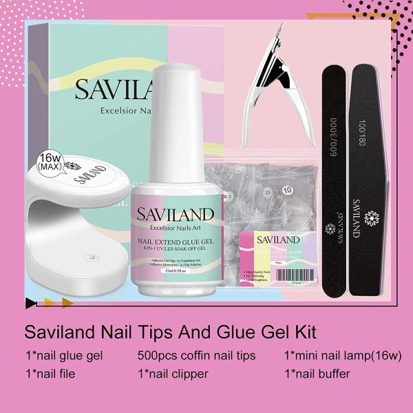 Saviland Nail Tips and Glue Gel Kit - 500PCS Long Press on Nails Clear Fake Coffin Nails Tips, Acrylic Nail Kit with 15ML 4-in-1 Nail Glue Gel and Mini Nail Lamp for Nail Extension Kit - Image 4