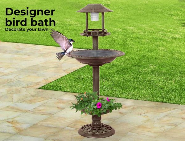 PaWz Bird Bath Feeder Feeding Food Station Solar Light Outdoor Garden Bronze - Image 2