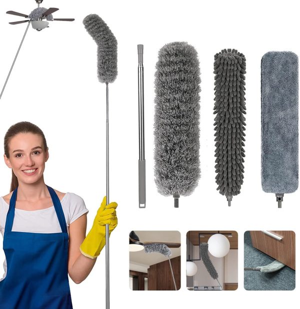 Feather Duster with 3 Brush Head 2.5 Meters' Extra Long Extension Pole, Bendable Extendable Duster for Cleaning High Ceiling, Ceiling Fan, Blinds, Cobwebs, Furniture, Cars (Grey) - Image 8