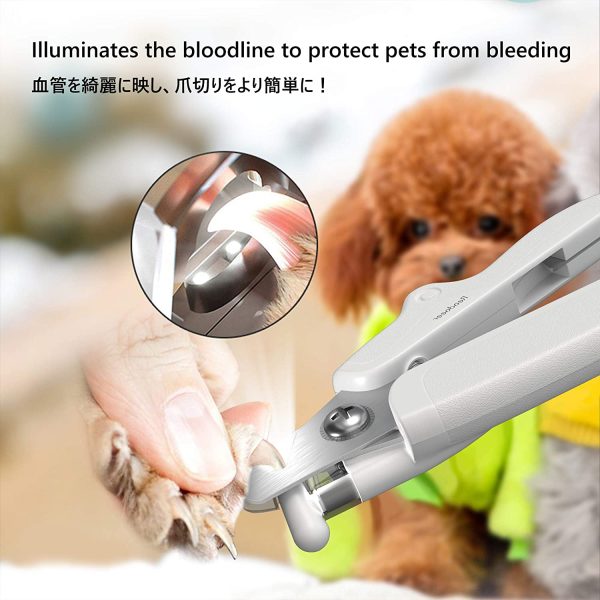 READAEER LED Light Pet Nail Clippers and Trimmers with Safety Guard to Avoid Over-Cutting, Free Nail File, Dog Cat Nail Clippers with Lock Switch (White) - Image 7