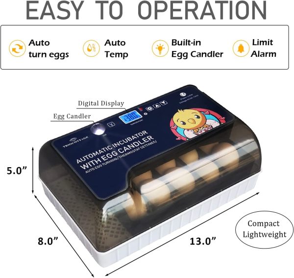 Triocottage Automatic Egg Incubator for Hatching Chickens/Ducks/Quails/Birds/Turkey Eggs,Built-in Egg Candler, Backyard Small Hatch Machine - Image 7