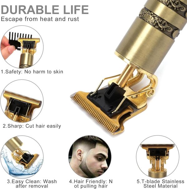 Hair Clippers Professional Electric Haircut Kit for Men Zero Gapped Beard Trimmer Cordless Rechargeable T-Bladed Outliner Grooming 1.5/2/3/4 mm Baldheaded Clipper (Gold) - Image 9