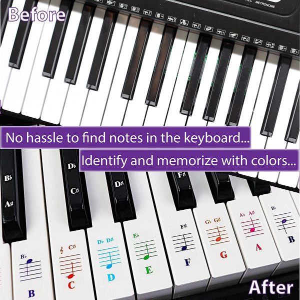 QMG Piano Stickers for Keys,Colorful Piano Keyboard Stickers for 49/61/ 76/88 Key Keyboard White and Black Keys, Removable, Kids Learning Piano, No Residue Leaves - Image 5