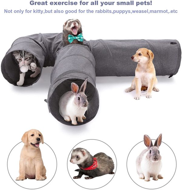 Ownpets Cat Tunnel Large 3 Way Collapsible Cloth Pet Tunnel Tube with Plush Ball & Feather Toy, U-Shaped Cat Play Tunnel for Indoor Cat, Puppy, Kitty, Kitten, Rabbit(Gray) - Image 7