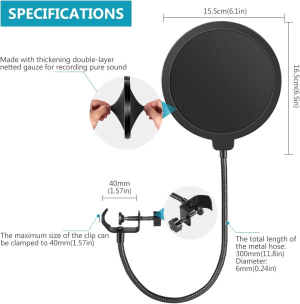 Neewer Professional Microphone Pop Filter Shield Compatible with Blue Yeti and Any Other Microphone, Dual Layered Wind Pop Screen With A Flexible 360 Degree Gooseneck Clip Stabilizing Arm - Image 3