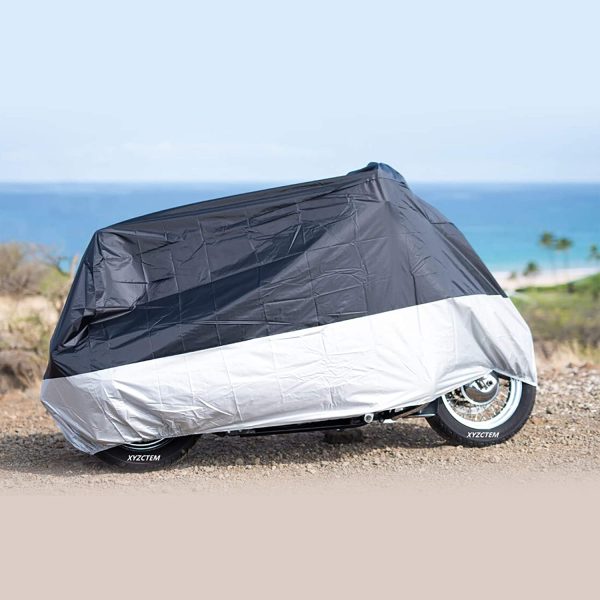 Motorcycle Cover ?C All Season Black Waterproof Outdoor Protection ?C Fit for 96 inch Tour Bikes, Choppers and Cruisers ?C Protect Against Dust, Debris, Rain and Weather (XL with Logo) - Image 3