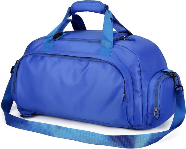 Gym Duffel Bag, Waterproof Gym Duffel Bag for Men Women, Weekend Travel Bag, Folded Duffel Bag with Wet Pocket and Shoe Compartment, Sports Duffel Bag, Blue