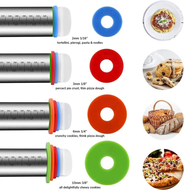 Rolling Pin and Silicone Baking Pastry Mat Set, Stainless Steel Dough Roller, Rolling Pins with Adjustable Thickness Rings, for Baking Dough, Pizza, Pie, Pastries, Pasta, Cookies - Image 5