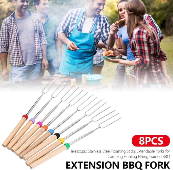 Janememory 8pcs Marshmallow Roasting Stick, Stainless Steel Telescopic Roasting Sticks, Wooden Handle Extendable BBQ Forks with Portable Bag, for Camping Hunting Hiking - Image 7