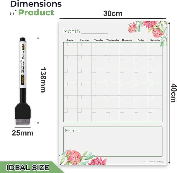 Stick-on Magic Board Non-magnetic Dry Erase Calendar, Watercolour Botanical Aussie Design, Self-adhesive Monthly Planner for Fridge, Window, Mirror or any flat, dry and clean Surface ?C 30cm x 40 cm ?C Organiser on Glass wall, Family Schedules ?C Lovingly Aussie Made. A fine tip black Marker with eraser is included - Image 4