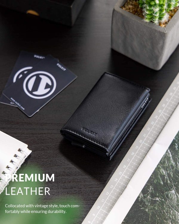 Credit Card Holder Genuine Leather Bifold Pop up Wallet with Banknote Compartment, ID Window & Coin Pocket(Black)