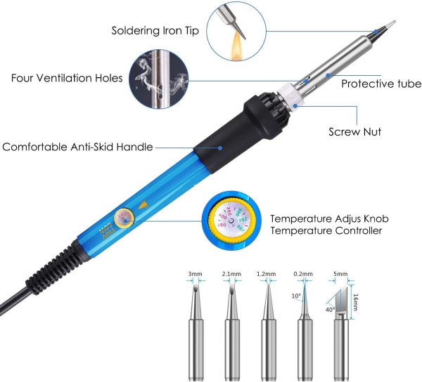 Slowton Electric Soldering Kit, Adjustable Temperature Soldering Iron with 5 Point Tool Carrying Box 2 Clamps for Different Basic Soldering Job (AU Plug)